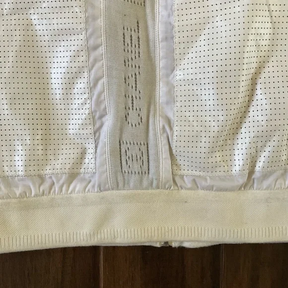 Chanel White Size 8-10 Perforated Leather Bomber Jacket Branded Back Stripe